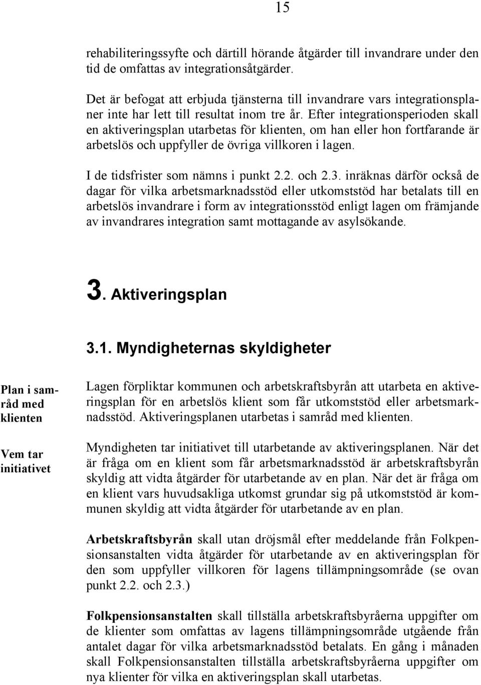 Efter integrationsperioden skall en aktiveringsplan utarbetas för klienten, om han eller hon fortfarande är arbetslös och uppfyller de övriga villkoren i lagen. I de tidsfrister som nämns i punkt 2.