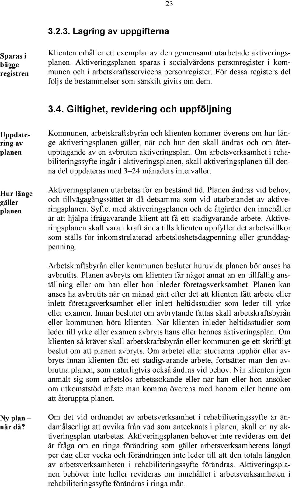 Giltighet, revidering och uppföljning Uppdatering av planen Hur länge gäller planen Kommunen, arbetskraftsbyrån och klienten kommer överens om hur länge aktiveringsplanen gäller, när och hur den