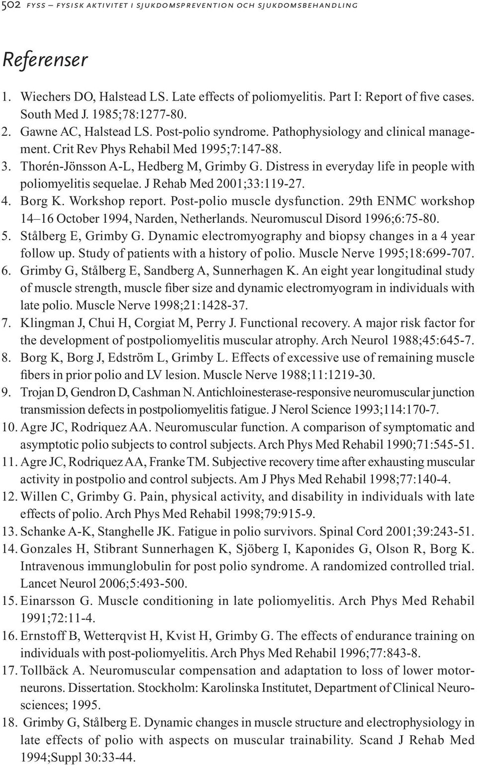Distress in everyday life in people with poliomyelitis sequelae. J Rehab Med 2001;33:119-27. 4. Borg K. Workshop report. Post-polio muscle dysfunction.