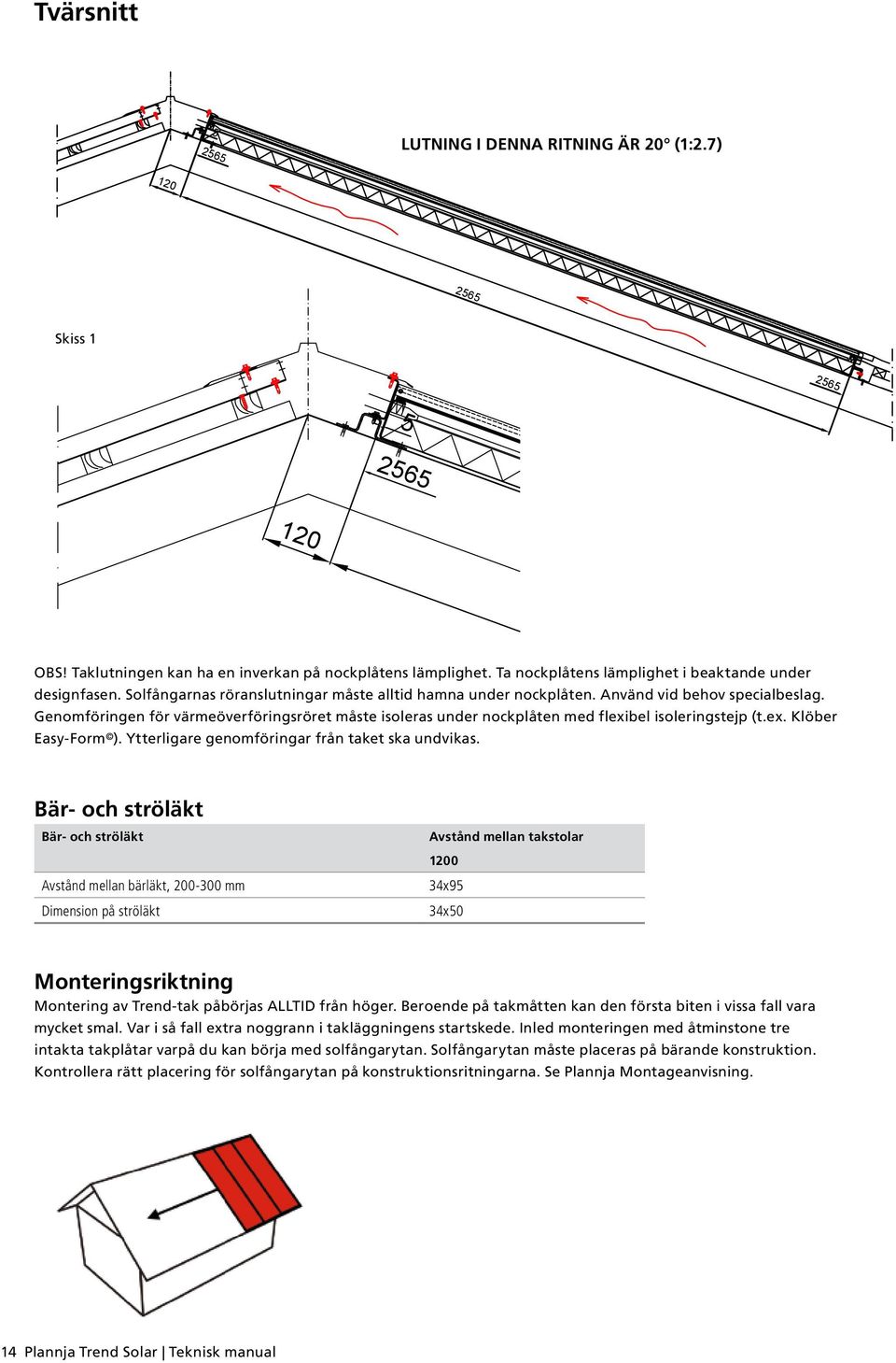 Genomföringen för värmeöverföringsröret måste isoleras under nockplåten med flexibel isoleringstejp (t.ex. Klöber Easy Form ). Ytterligare genomföringar från taket ska undvikas.