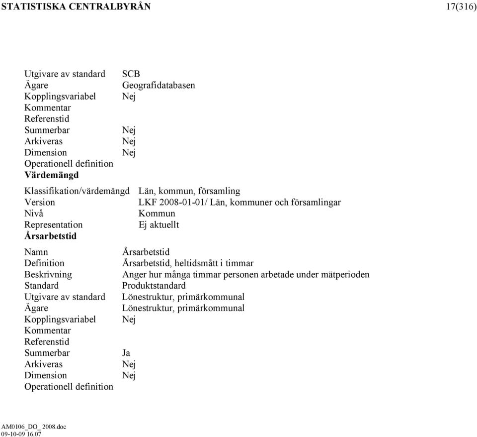 Årsarbetstid Namn Årsarbetstid Definition Årsarbetstid, heltidsmått i timmar Beskrivning Anger hur många timmar personen arbetade under mätperioden Standard Produktstandard