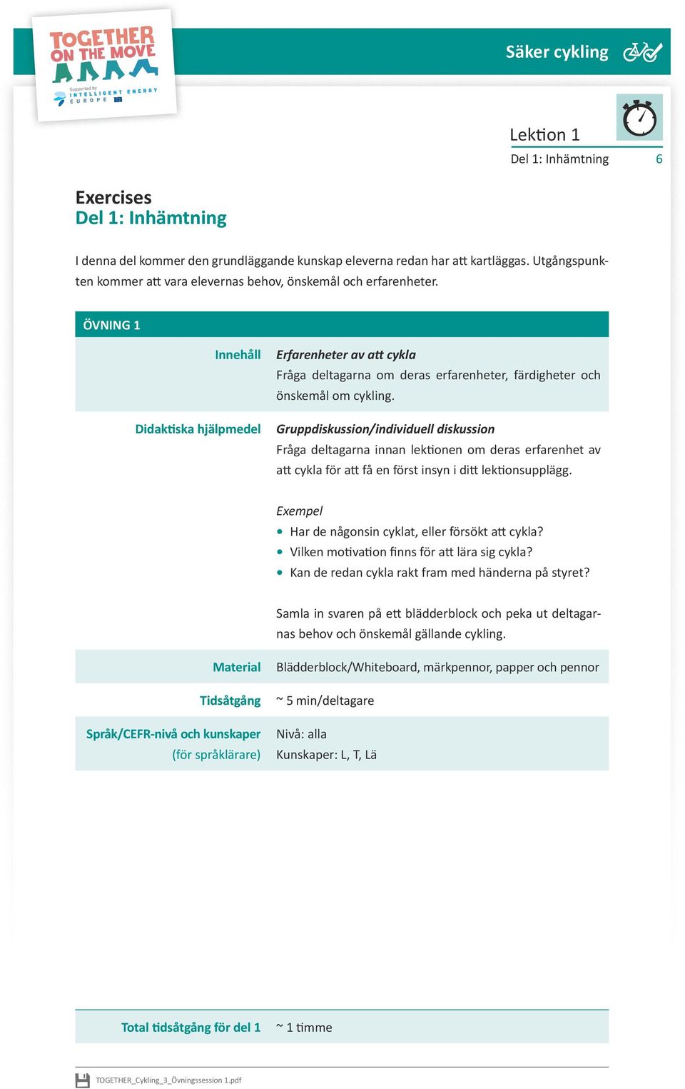 ÖVNING 1 Innehåll Didaktiska hjälpmedel Erfarenheter av att cykla Fråga deltagarna om deras erfarenheter, färdigheter och önskemål om cykling.