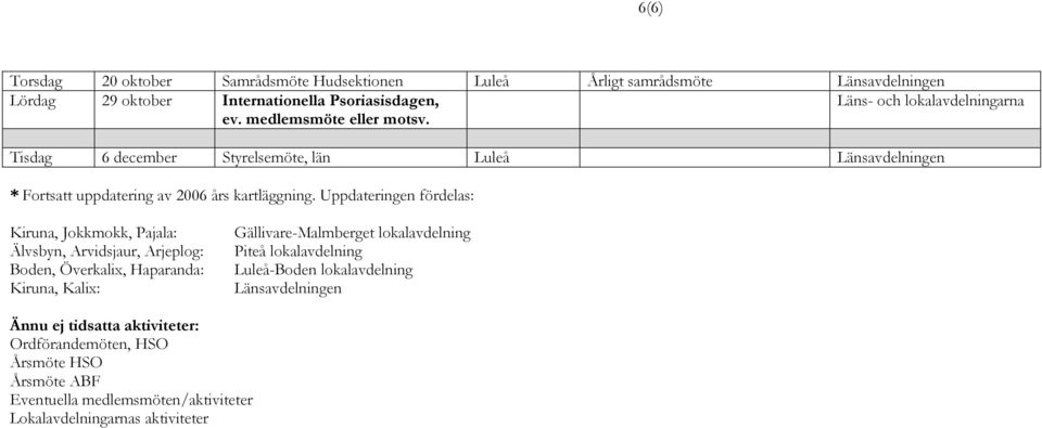 Uppdateringen fördelas: Kiruna, Jokkmokk, Pajala: Älvsbyn, Arvidsjaur, Arjeplog: Boden, Överkalix, Haparanda: Kiruna, Kalix: Gällivare-Malmberget lokalavdelning Piteå