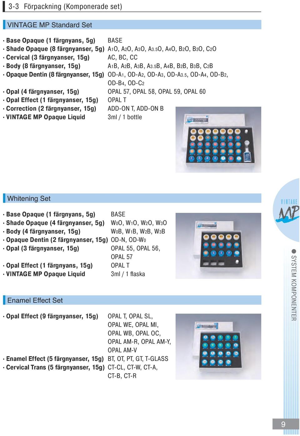 5, OD-A4, OD-B2, od-b4, OD-C2 Opal (4 färgnyanser, 15g) OPAL 57, OPAL 58, OPAL 59, OPAL 60 Opal Effect (1 färgnyanser, 15g) OPAL T Correction (2 färgnyanser, 15g) ADD-ON T, ADD-ON B VINTAGE MP Opaque