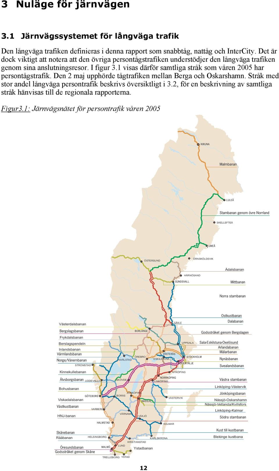 1 visas därför samtliga stråk som våren 2005 har persontågstrafik. Den 2 maj upphörde tågtrafiken mellan Berga och Oskarshamn. Stråk med stor andel långväga persontrafik beskrivs översiktligt i 3.