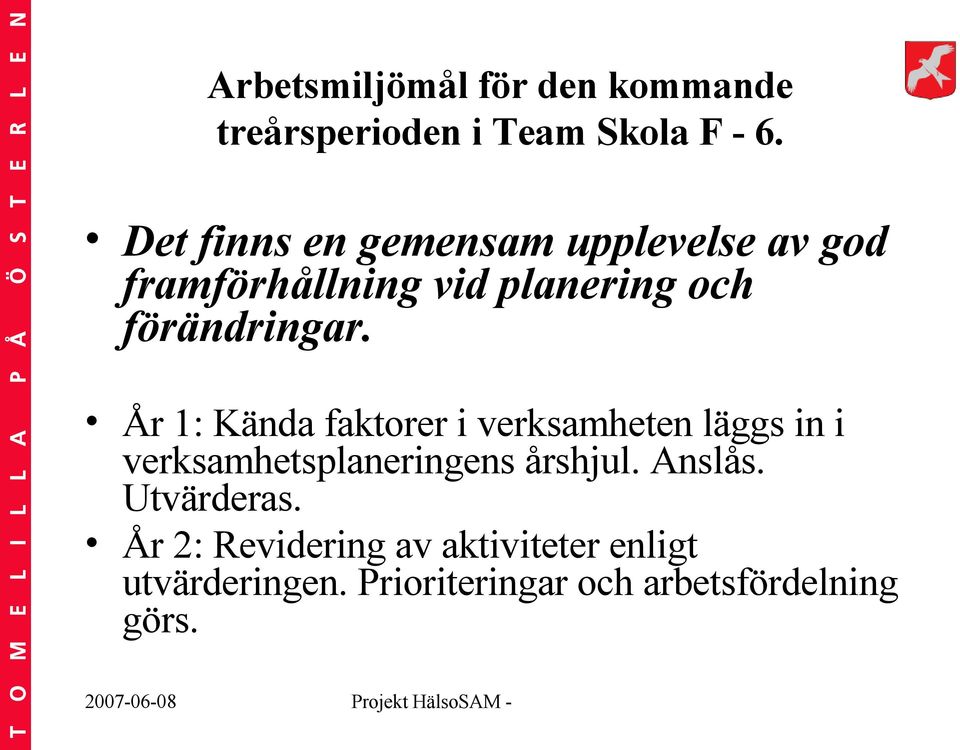 År 1: Kända faktorer i verksamheten läggs in i verksamhetsplaneringens årshjul. Anslås.