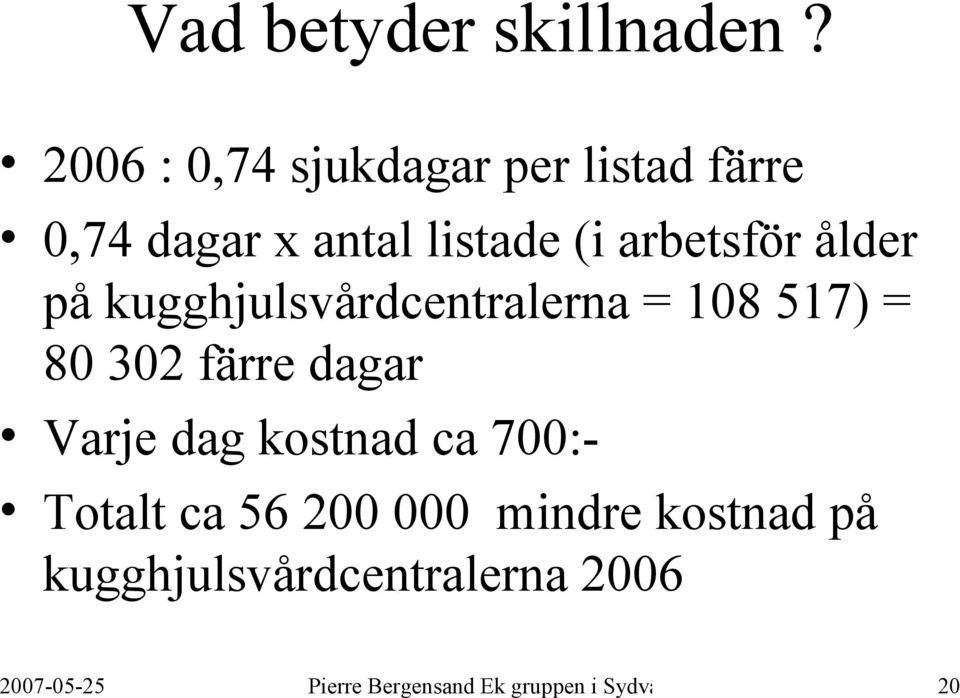 ålder på kugghjulsvårdcentralerna = 108 517) = 80 302 färre dagar Varje dag kostnad