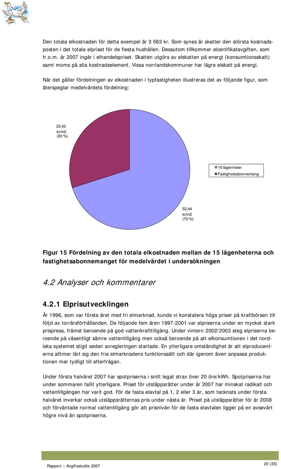 När det gäller fördelningen av elkostnaden i typfastigheten illustreras det av följande figur, som återspeglar medelvärdets fördelning: 22,42 kr/m2 (3 %) 15 lägenheter Fastighetsabonnemang 52,44