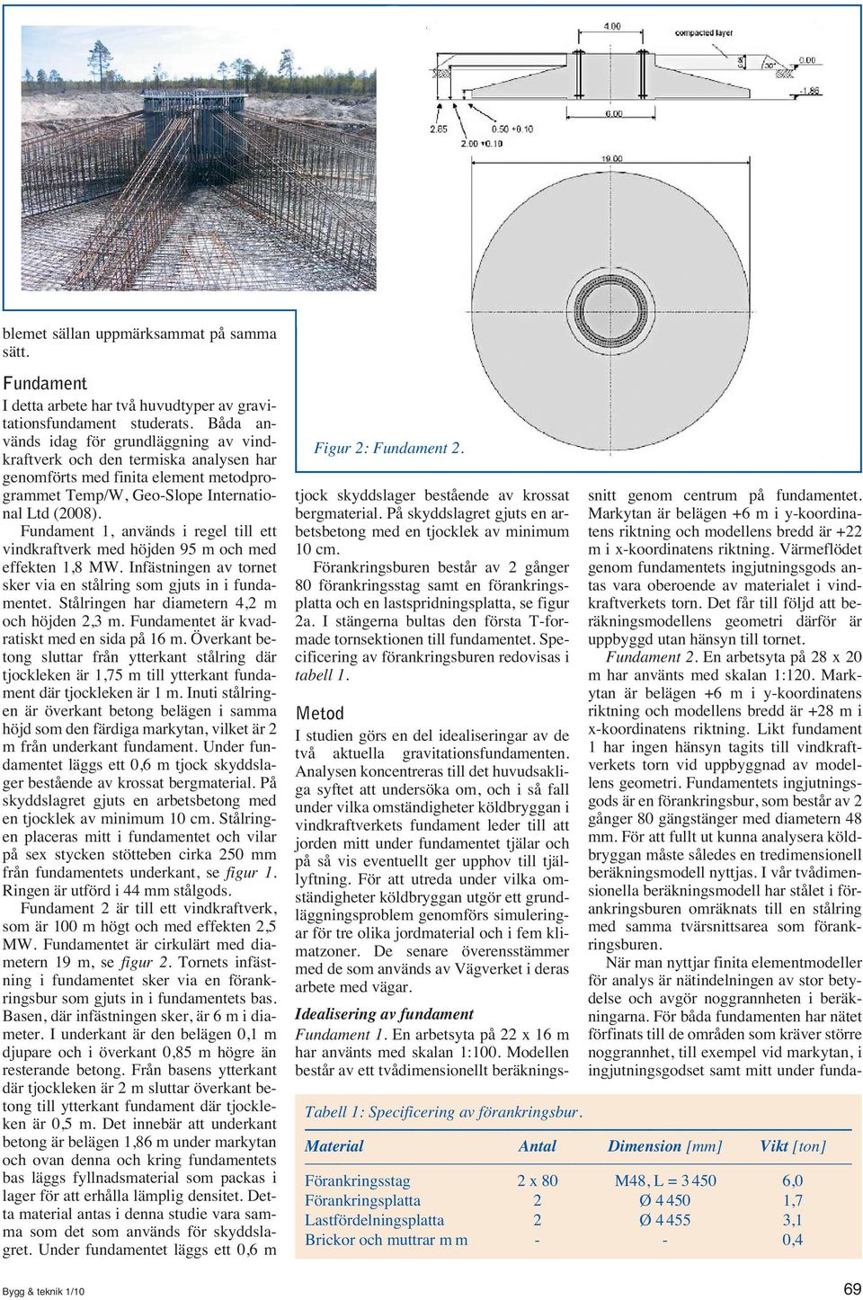 Fundament 1, används i regel till ett vindkraftverk med höjden 95 m och med effekten 1,8 MW. Infästningen av tornet sker via en stålring som gjuts in i fundamentet.