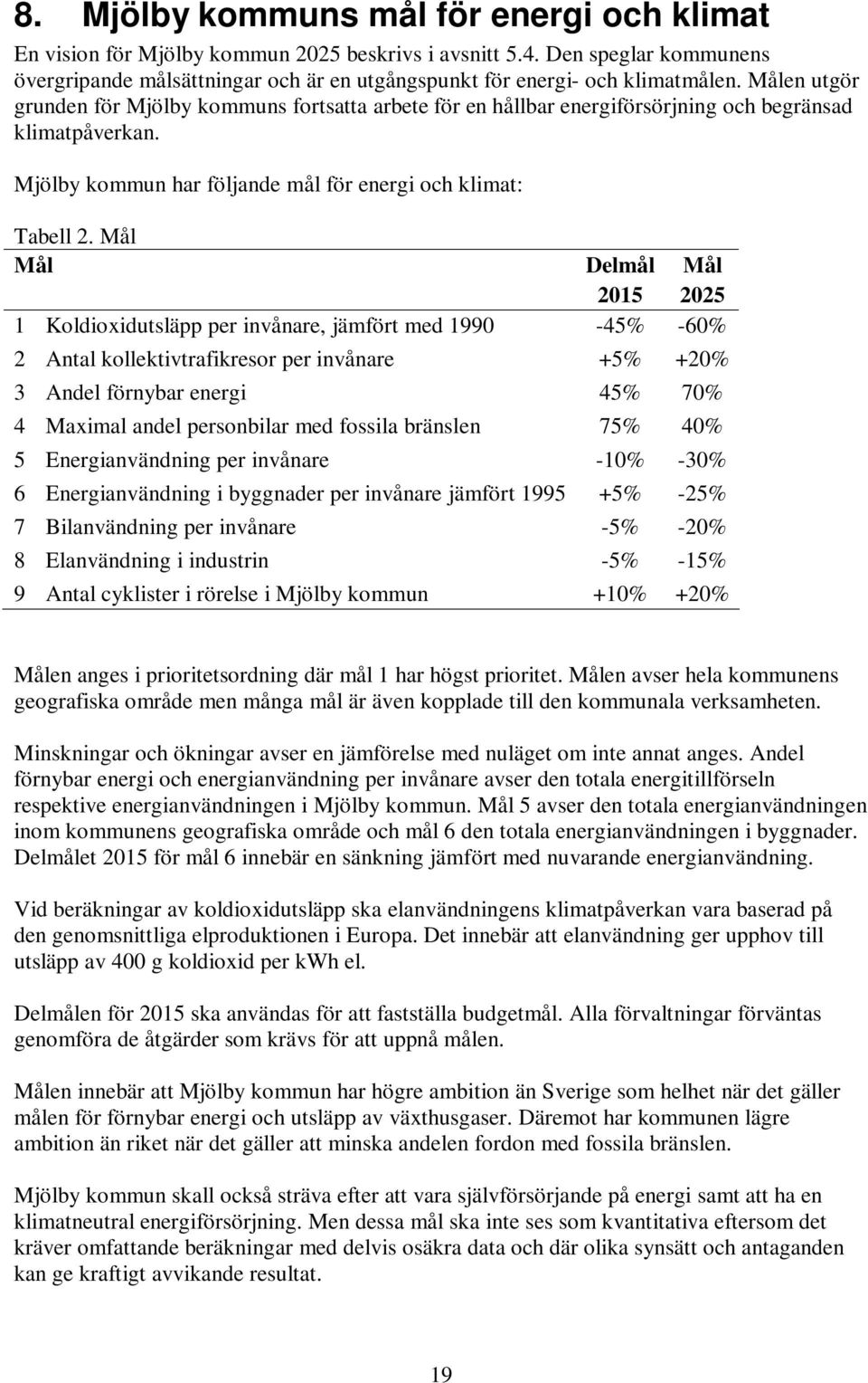 Målen utgör grunden för Mjölby kommuns fortsatta arbete för en hållbar energiförsörjning och begränsad klimatpåverkan. Mjölby kommun har följande mål för energi och klimat: Tabell 2.