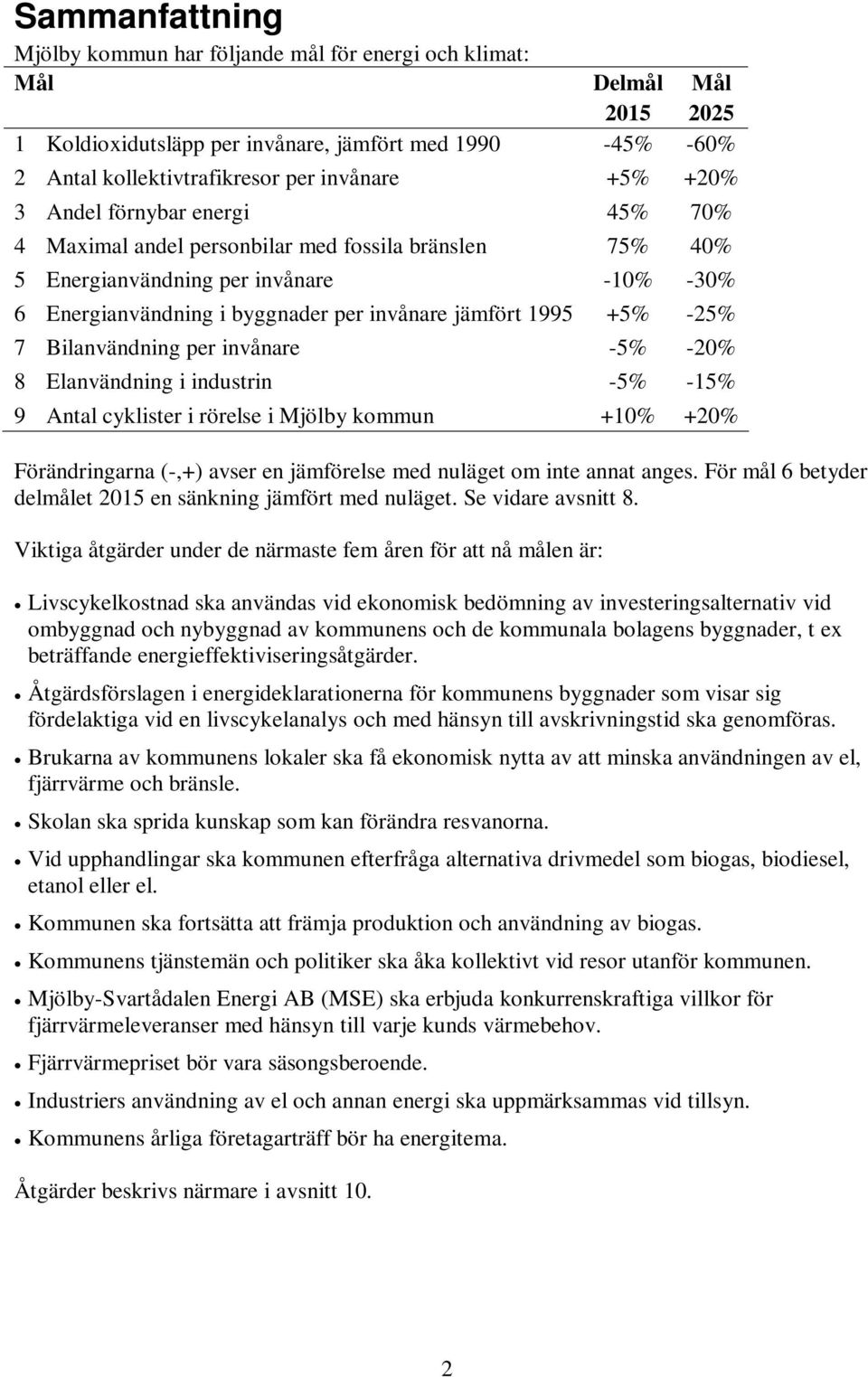 -25% 7 Bilanvändning per invånare -5% -20% 8 Elanvändning i industrin -5% -15% 9 Antal cyklister i rörelse i Mjölby kommun +10% +20% Förändringarna (-,+) avser en jämförelse med nuläget om inte annat