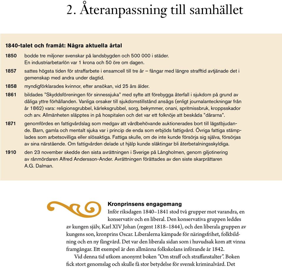 1858 myndigförklarades kvinnor, efter ansökan, vid 25 års ålder. 1861 bildades Skyddsföreningen för sinnessjuka med syfte att förebygga återfall i sjukdom på grund av dåliga yttre förhållanden.