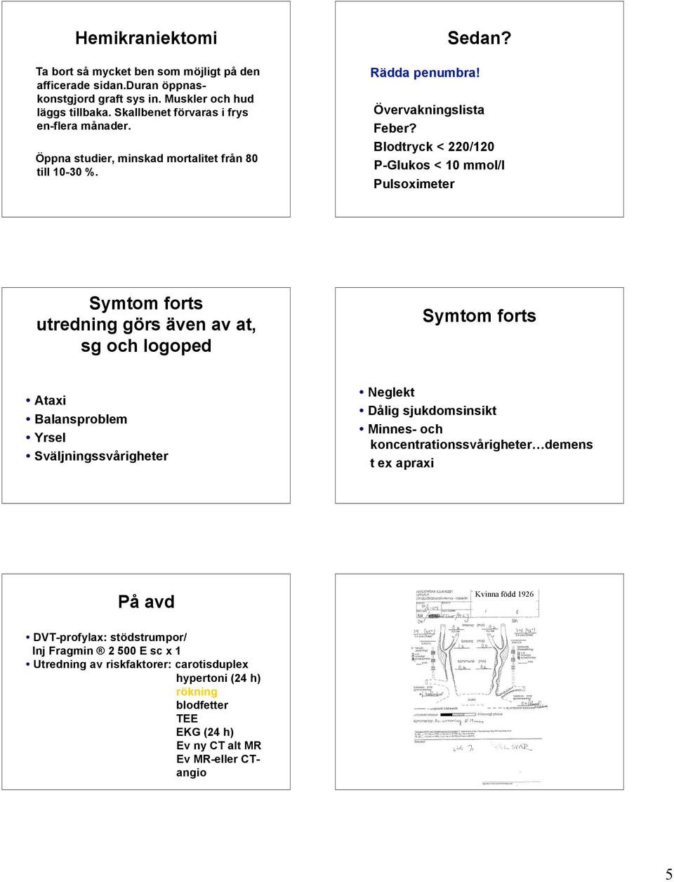 Blodtryck < 220/120 P-Glukos < 10 mmol/l Pulsoximeter Symtom forts utredning görs även av at, sg och logoped Symtom forts Ataxi Balansproblem Yrsel Sväljningssvårigheter Neglekt Dålig