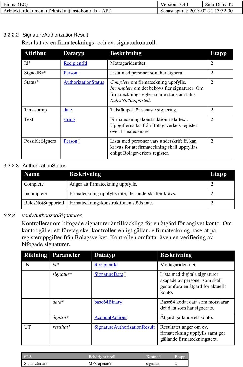 Om firmateckningsreglerna inte stöds är status RulesNotSupported. Timestamp date Tidstämpel för senaste signering. Text string Firmateckningskonstruktion i klartext.