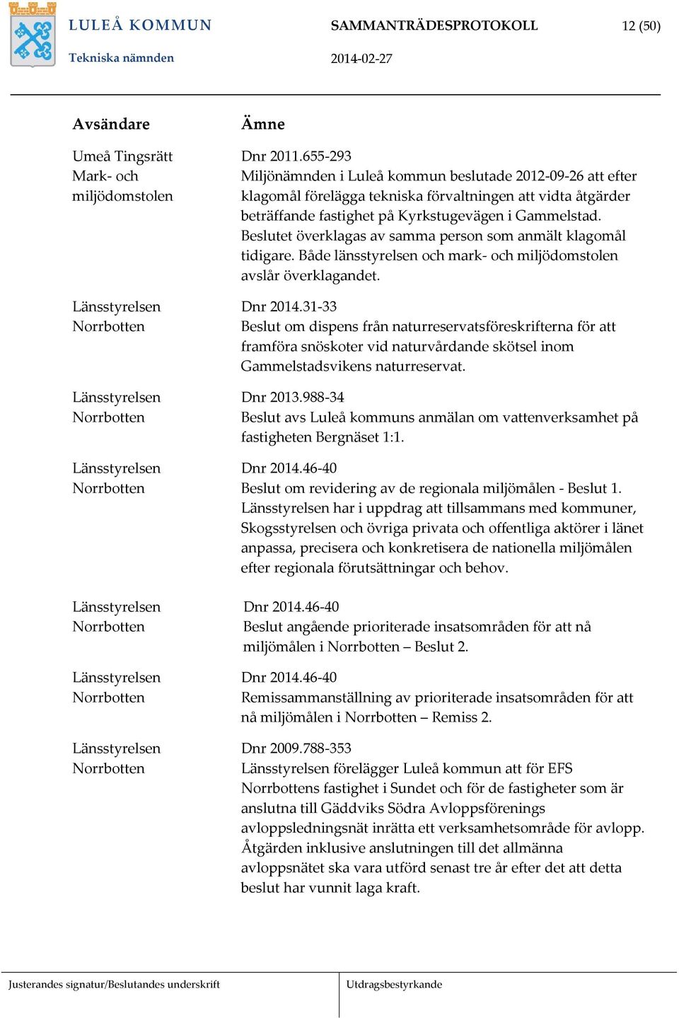 655 293 Miljönämnden i Luleå kommun beslutade 2012 09 26 att efter klagomål förelägga tekniska förvaltningen att vidta åtgärder beträffande fastighet på Kyrkstugevägen i Gammelstad.