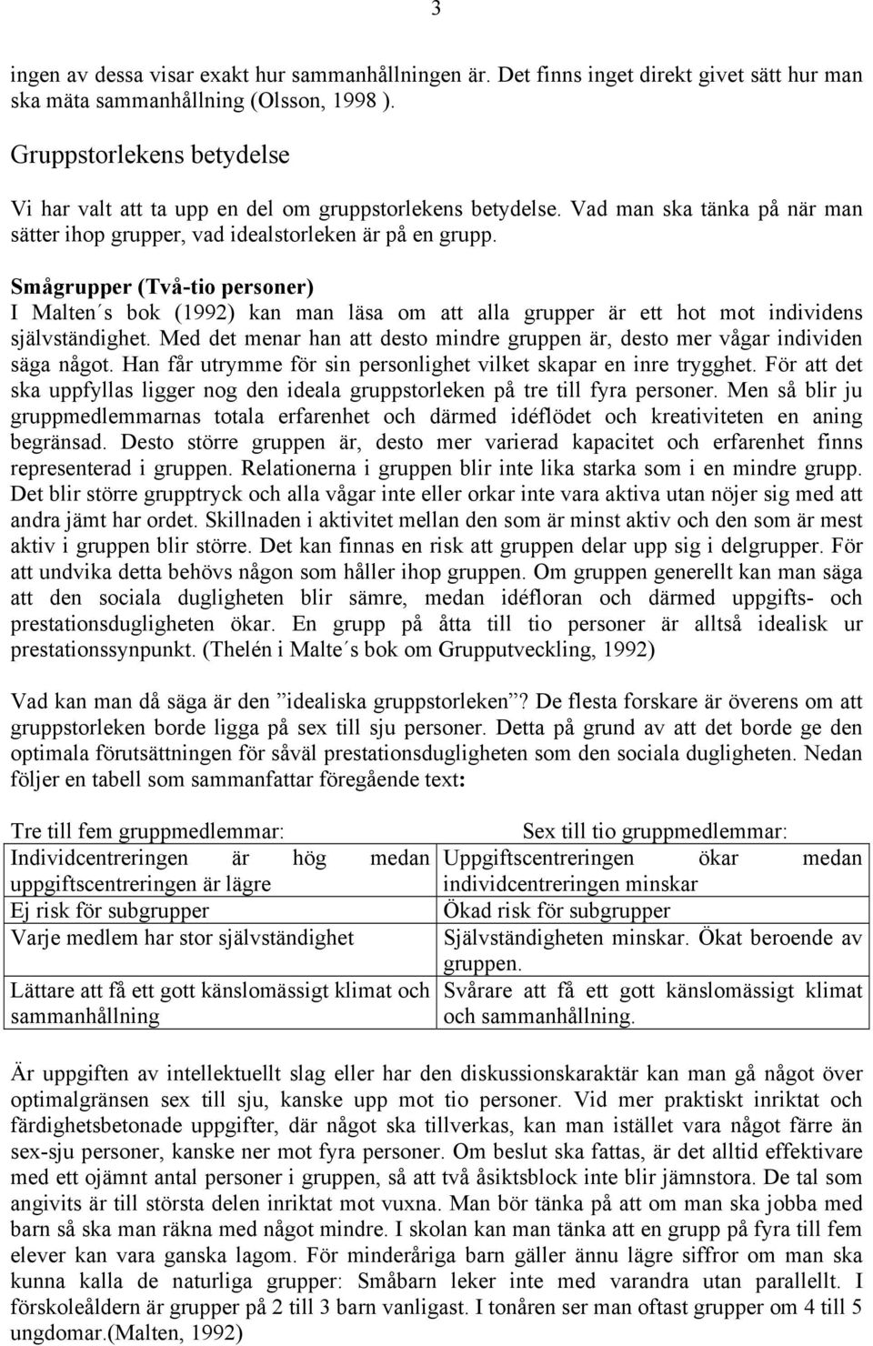 Smågrupper (Två-tio personer) I Malten s bok (1992) kan man läsa om att alla grupper är ett hot mot individens självständighet.