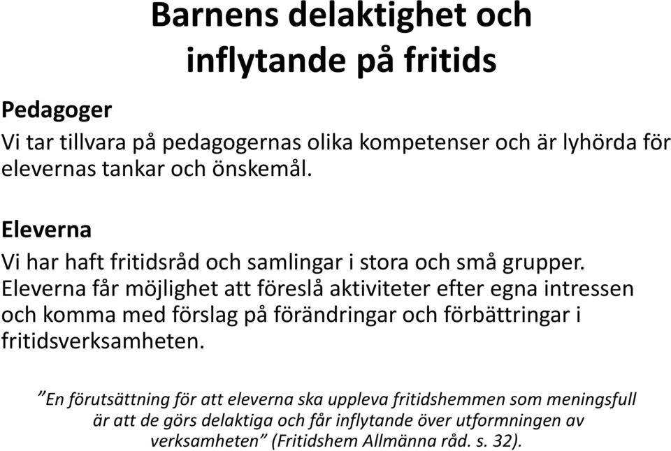 Eleverna får möjlighet att föreslå aktiviteter efter egna intressen och komma med förslag på förändringar och förbättringar i