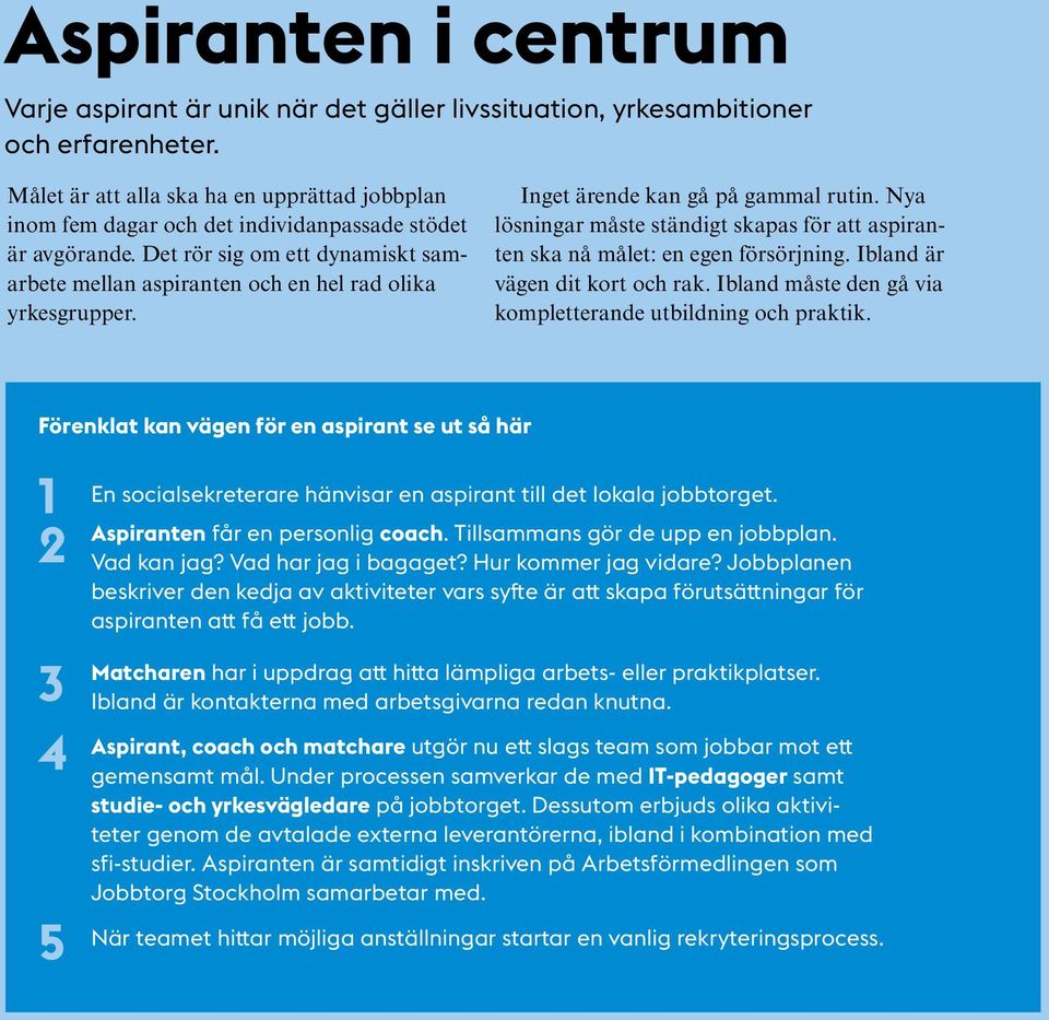 Inget ärende kan gå på gammal rutin. Nya lösningar måste ständigt skapas för att aspiranten ska nå målet: en egen försörjning. Ibland är vägen dit kort och rak.