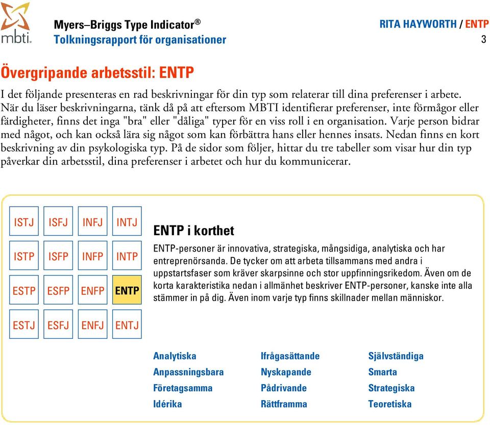 bidrar med något, och kan också lära sig något som kan förbättra hans eller hennes insats Nedan finns en kort beskrivning av din psykologiska typ På de sidor som följer, hittar du tre tabeller som