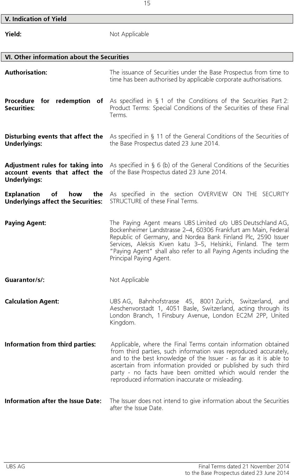 Procedure for redemption of Securities: As specified in 1 of the Conditions of the Securities Part 2: Product Terms: Special Conditions of the Securities of these Final Terms.