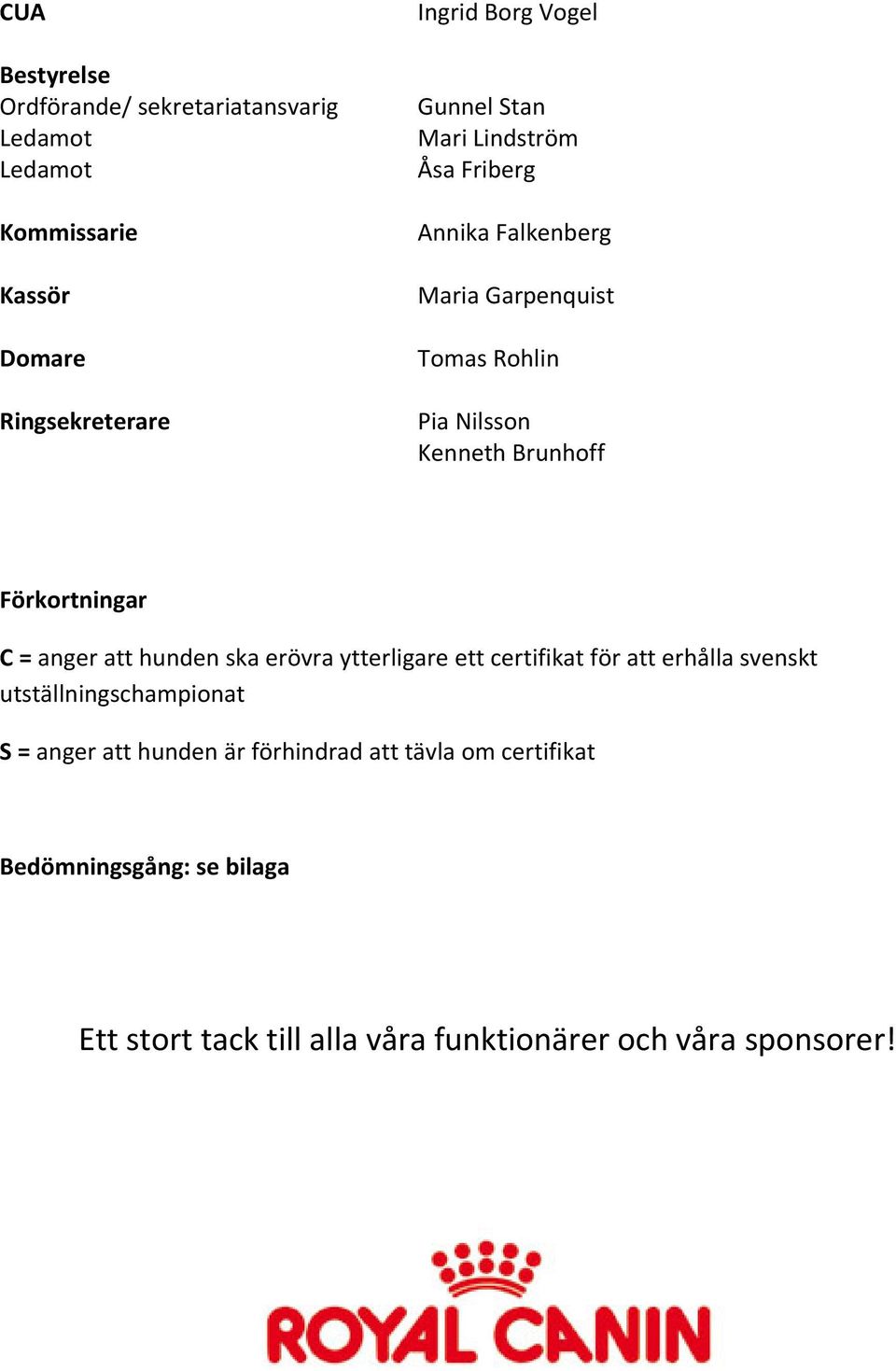 Förkortningar C = anger att hunden ska erövra ytterligare ett certifikat för att erhålla svenskt utställningschampionat S =