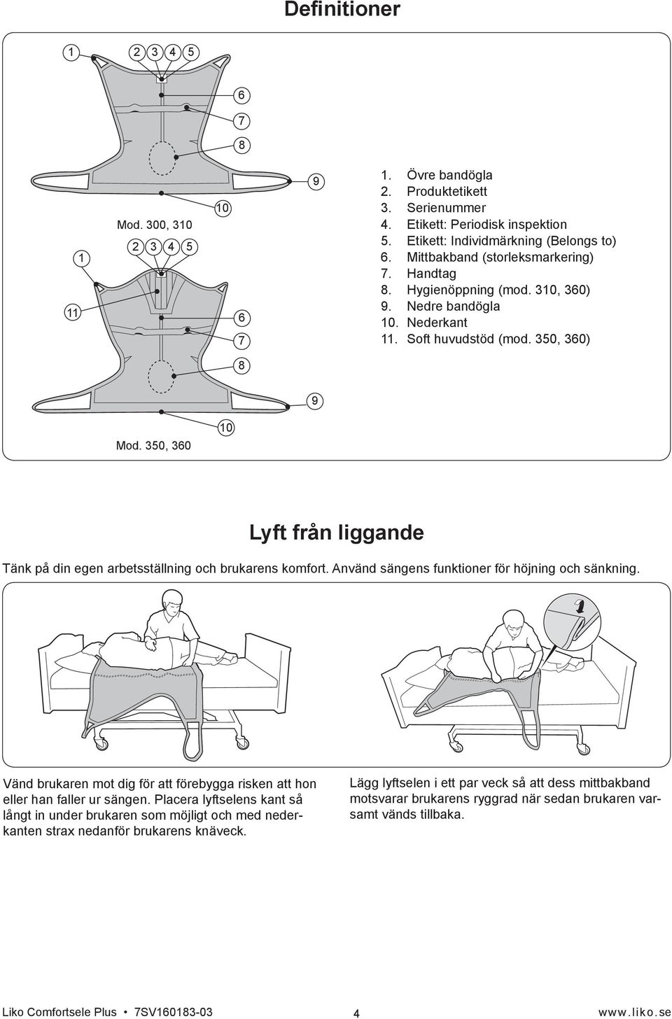 350, 360 Lyft från liggande Tänk på din egen arbetsställning och brukarens komfort. Använd sängens funktioner för höjning och sänkning.