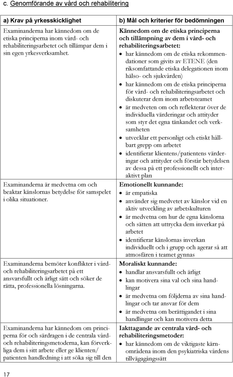 Examinanderna bemöter konflikter i vårdoch rehabiliteringsarbetet på ett ansvarsfullt och ärligt sätt och söker de rätta, professionella lösningarna.