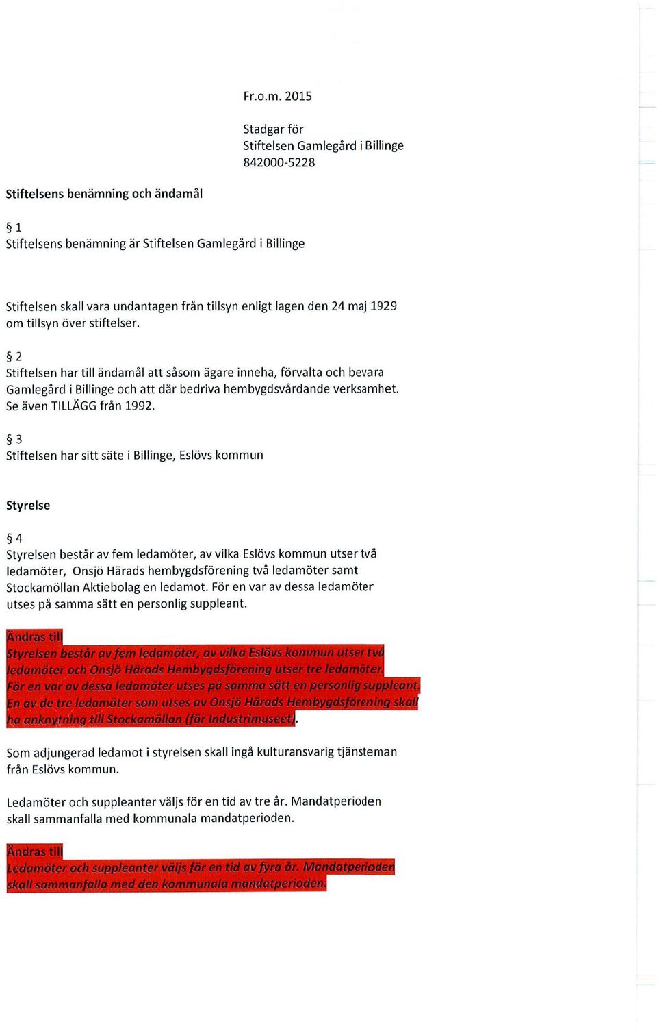 enligt lagen den 24 maj 1929 om tillsyn över stiftelser. 2 Stiftelsen har till ändamål att såsom ägare inneha, förvalta och bevara Gamlegård i Billinge och att där bedriva hembygdsvårdande verksamhet.