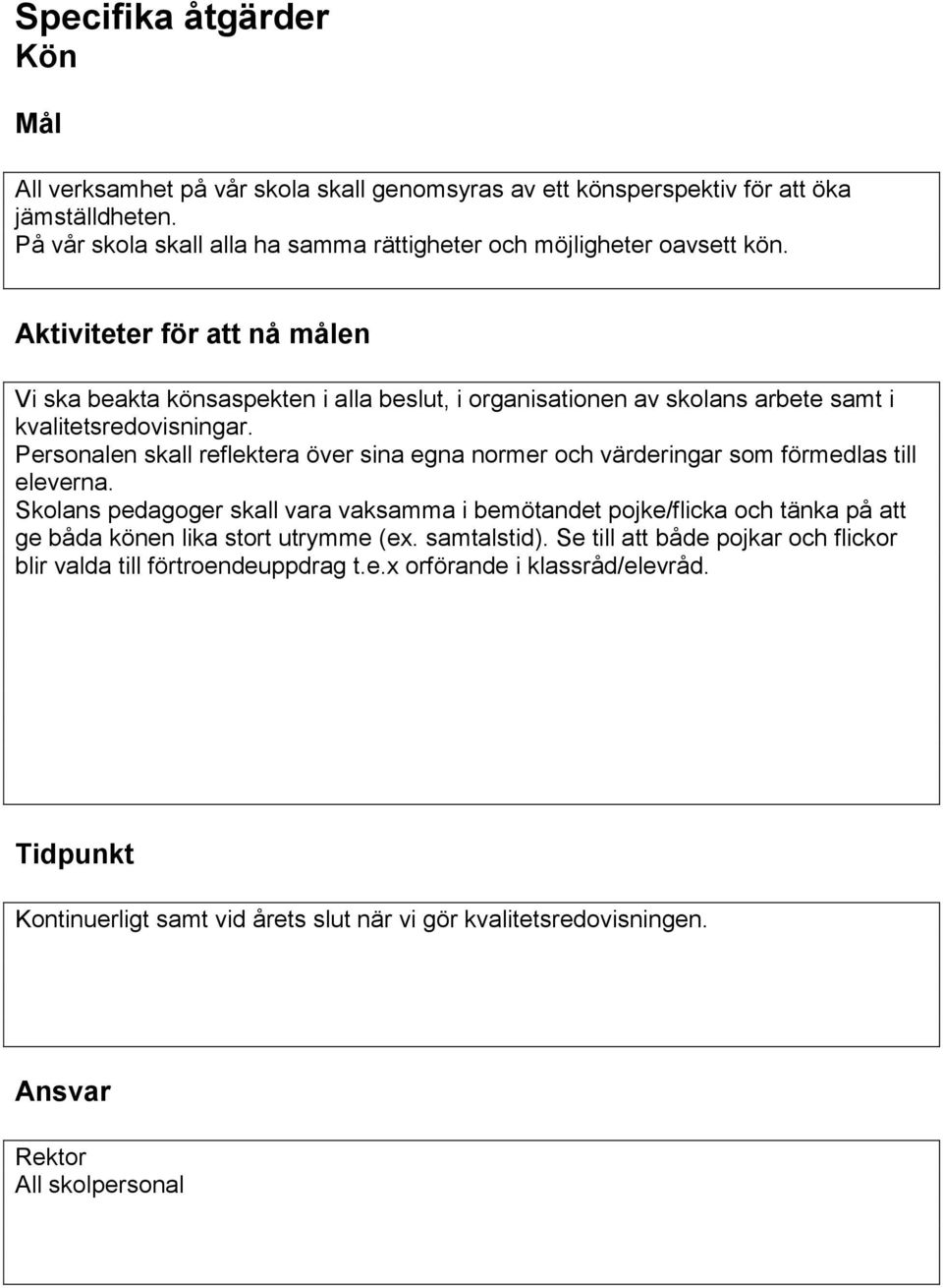 Aktiviteter för att nå målen Vi ska beakta könsaspekten i alla beslut, i organisationen av skolans arbete samt i kvalitetsredovisningar.