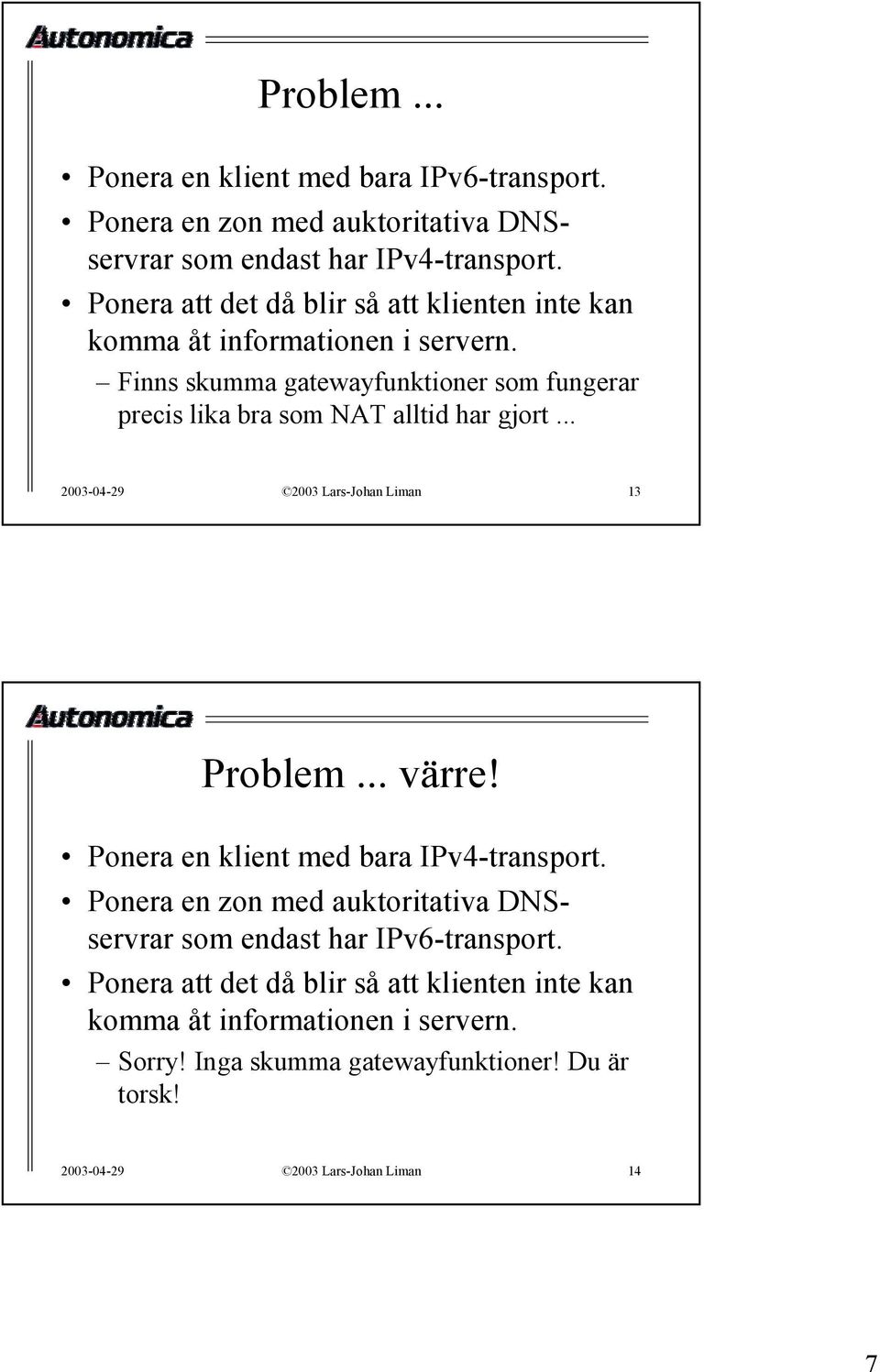 Finns skumma gatewayfunktioner som fungerar precis lika bra som NAT alltid har gjort... 2003-04-29 2003 Lars-Johan Liman 13 Problem... värre!