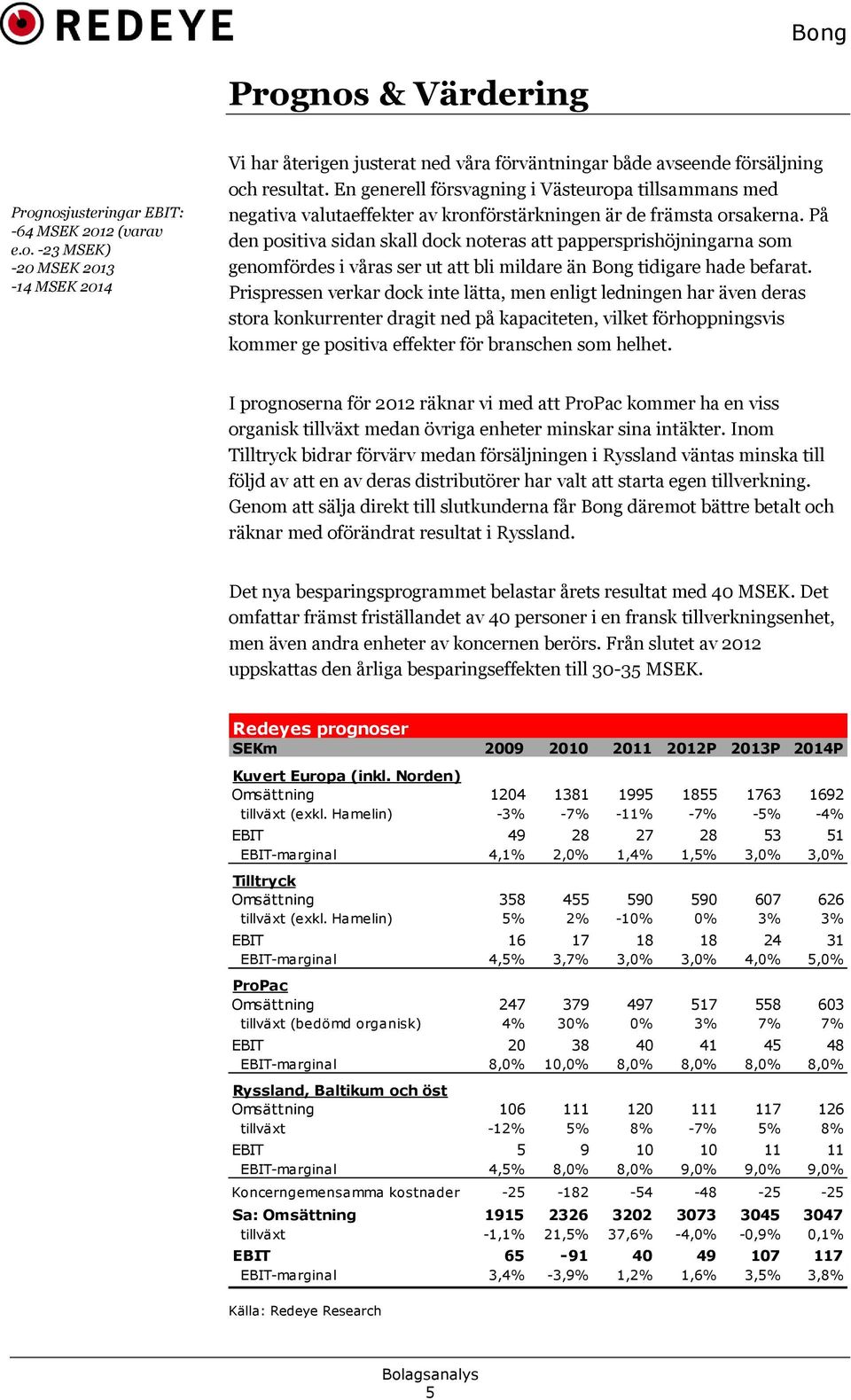 På den positiva sidan skall dock noteras att pappersprishöjningarna som genomfördes i våras ser ut att bli mildare än Bong tidigare hade befarat.