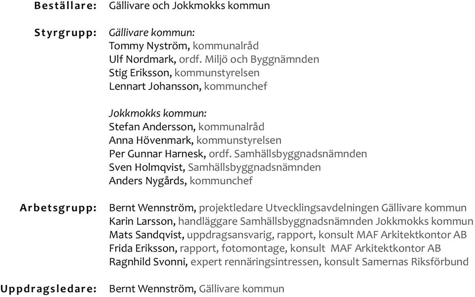 Samhällsbyggnadsnämnden Sven Holmqvist, Samhällsbyggnadsnämnden Anders Nygårds, kommunchef Arbetsgrupp: Uppdragsledare: Bernt Wennström, projektledare Utvecklingsavdelningen Gällivare kommun Karin