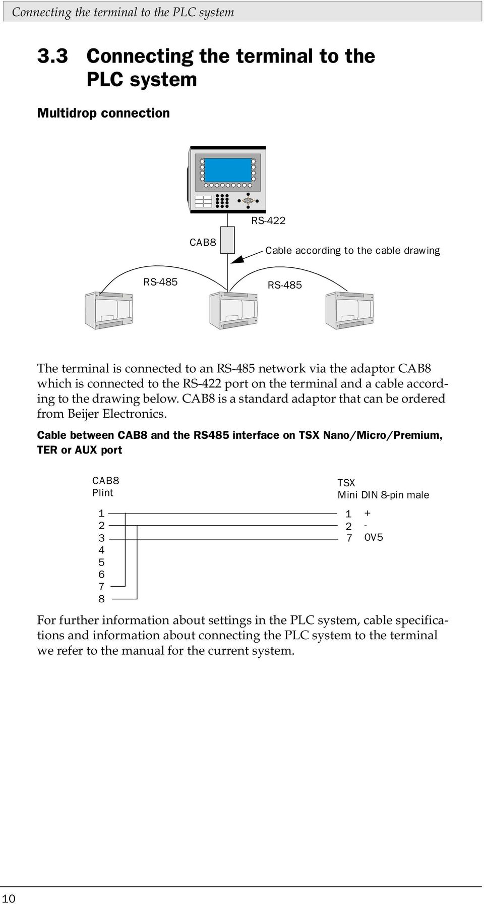 adaptor CAB8 which is connected to the RS-422 port on the terminal and a cable according to the drawing below. CAB8 is a standard adaptor that can be ordered from Beijer Electronics.