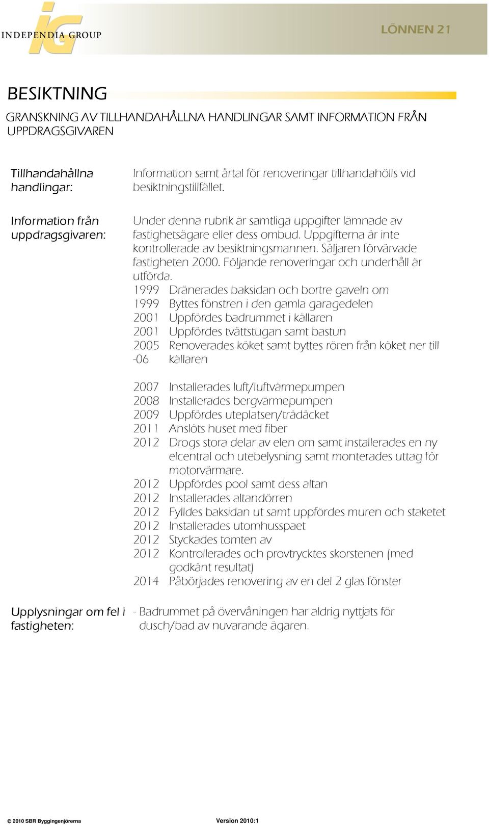 Säljaren förvärvade fastigheten 2000. Följande renoveringar och underhåll är utförda.