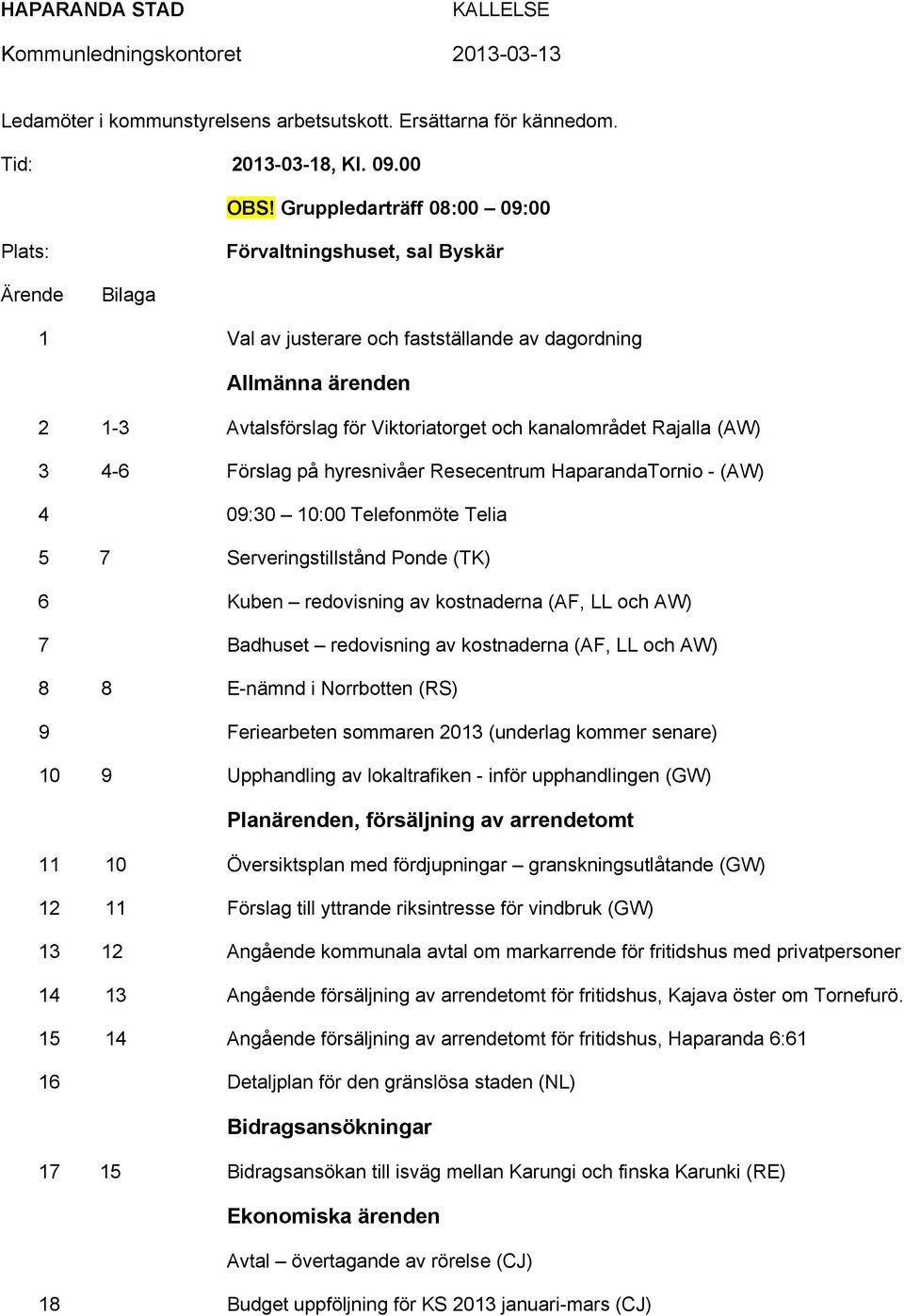 kanalområdet Rajalla (AW) 3 4-6 Förslag på hyresnivåer Resecentrum HaparandaTornio - (AW) 4 09:30 10:00 Telefonmöte Telia 5 7 Serveringstillstånd Ponde (TK) 6 Kuben redovisning av kostnaderna (AF, LL