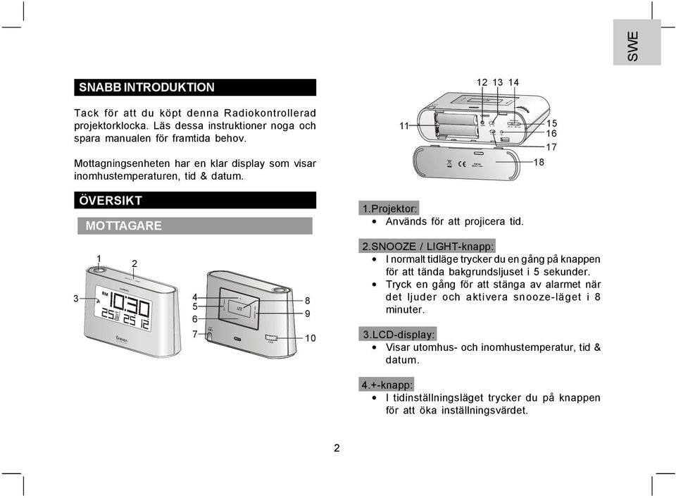 3 1 2 4 5 6 7 8 9 10 2.SNOOZE / LIGHT-knapp: I normalt tidläge trycker du en gång på knappen för att tända bakgrundsljuset i 5 sekunder.