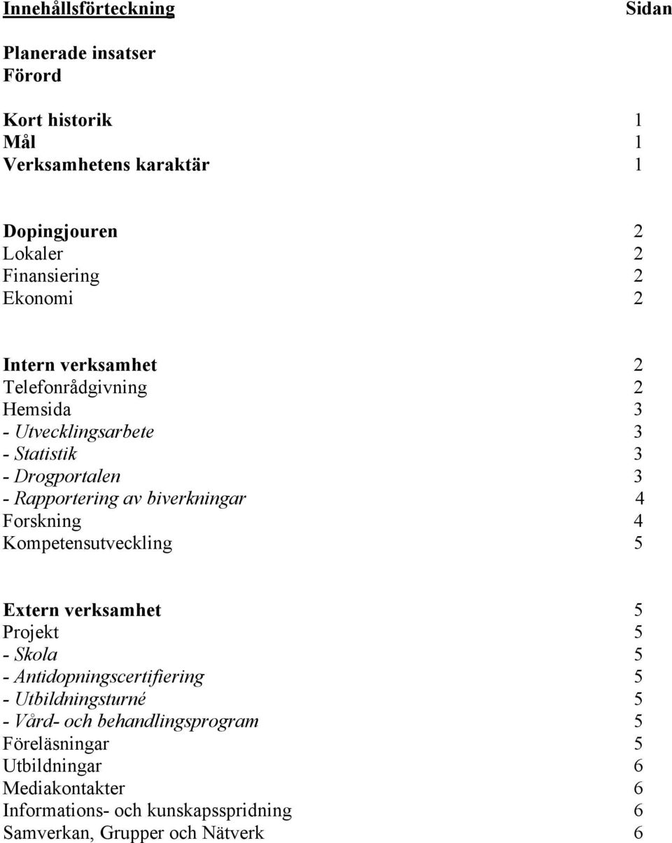 biverkningar 4 Forskning 4 Kompetensutveckling 5 Extern verksamhet 5 Projekt 5 - Skola 5 - Antidopningscertifiering 5 - Utbildningsturné 5 -