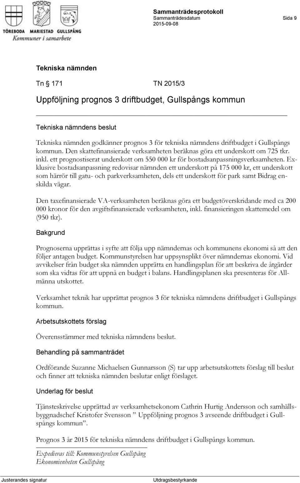 Exklusive bostadsanpassning redovisar nämnden ett underskott på 175 000 kr, ett underskott som härrör till gatu- och parkverksamheten, dels ett underskott för park samt Bidrag enskilda vägar.