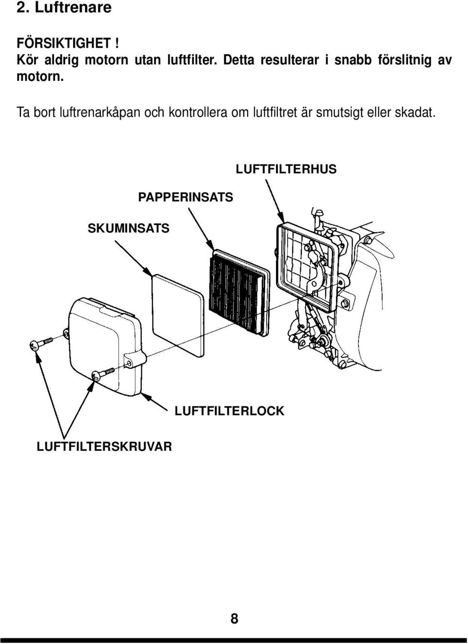 Ta bort luftrenarkåpan och kontrollera om luftfiltret är smutsigt