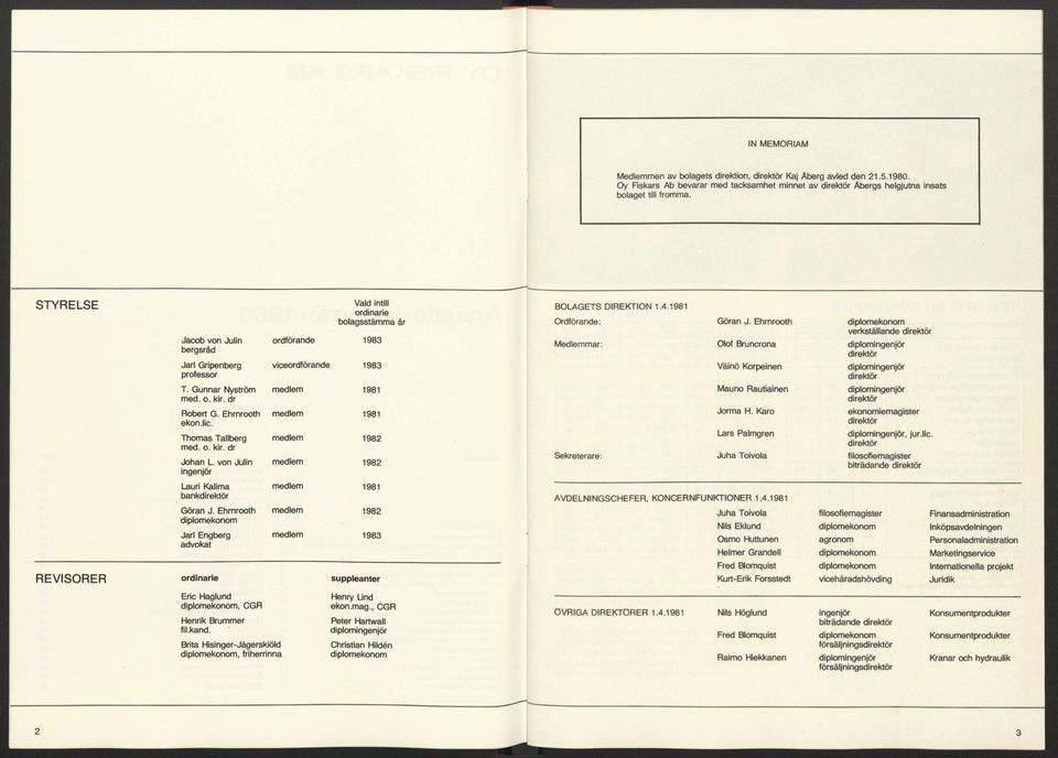 STYRELSE Ja cob von Julin bergsräd V ald intill o rd in a rie b o la g sstä m m a är o rd fö ra n d e 1983 B O L A G E T S D IR E K T IO N 1.4.1981 O rd fö ra n d e : M edle m m a r: G öran J.