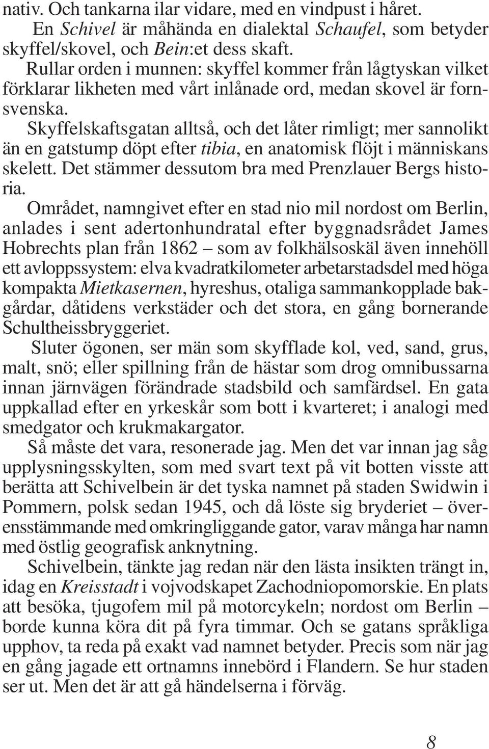 Skyffelskaftsgatan alltså, och det låter rimligt; mer sannolikt än en gatstump döpt efter tibia, en anatomisk flöjt i människans skelett. Det stämmer dessutom bra med Prenzlauer Bergs historia.