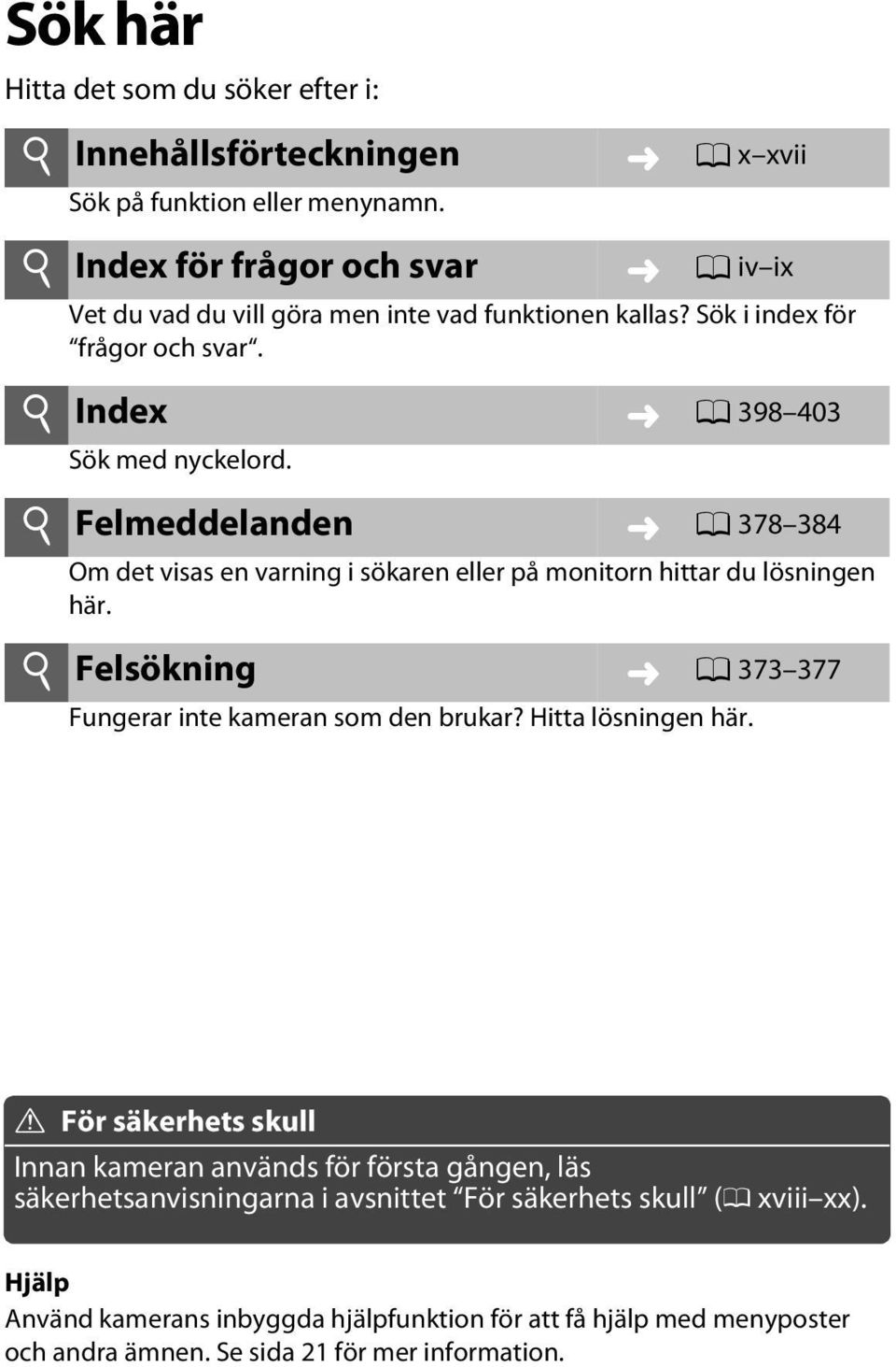 i Felmeddelanden 0 378 384 Om det visas en varning i sökaren eller på monitorn hittar du lösningen här. i Felsökning 0 373 377 Fungerar inte kameran som den brukar?