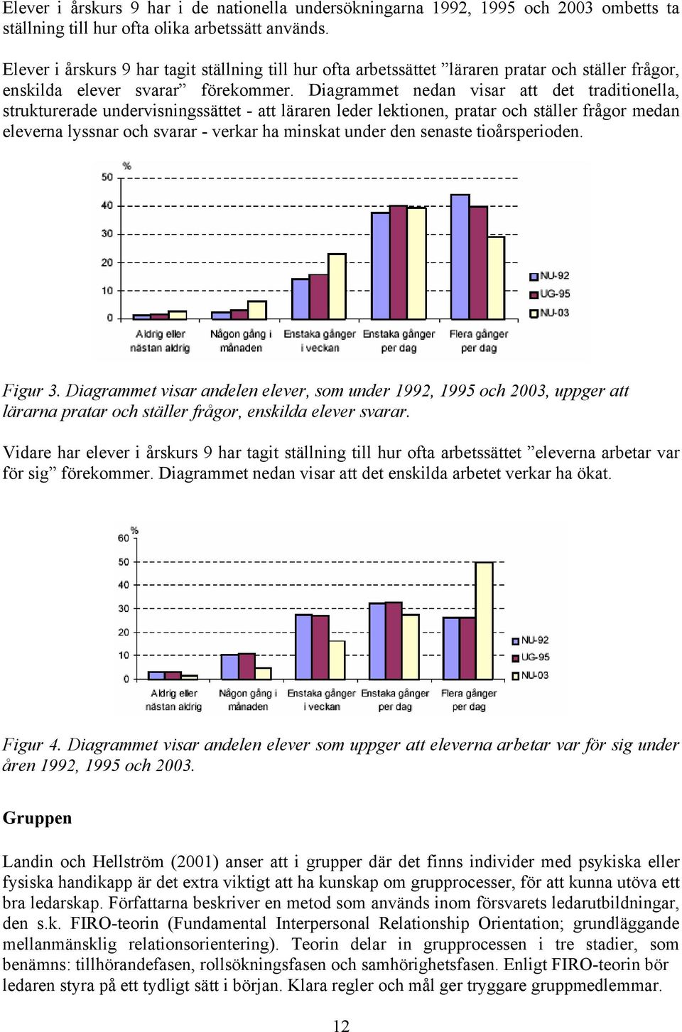 Diagrammet nedan visar att det traditionella, strukturerade undervisningssättet - att läraren leder lektionen, pratar och ställer frågor medan eleverna lyssnar och svarar - verkar ha minskat under