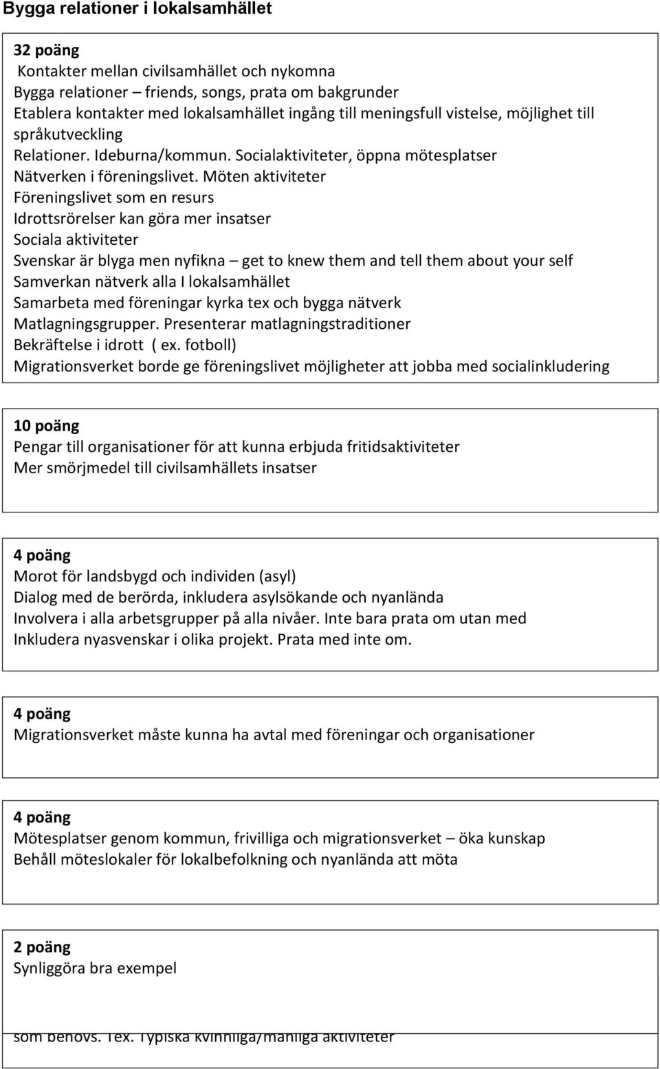 Möten aktiviteter Föreningslivet som en resurs Idrottsrörelser kan göra mer insatser Sociala aktiviteter Svenskar är blyga men nyfikna get to knew them and tell them about your self Samverkan nätverk