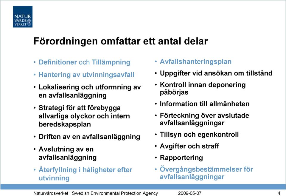 Återfyllning i håligheter efter utvinning Avfallshanteringsplan Uppgifter vid ansökan om tillstånd Kontroll innan deponering påbörjas Information till