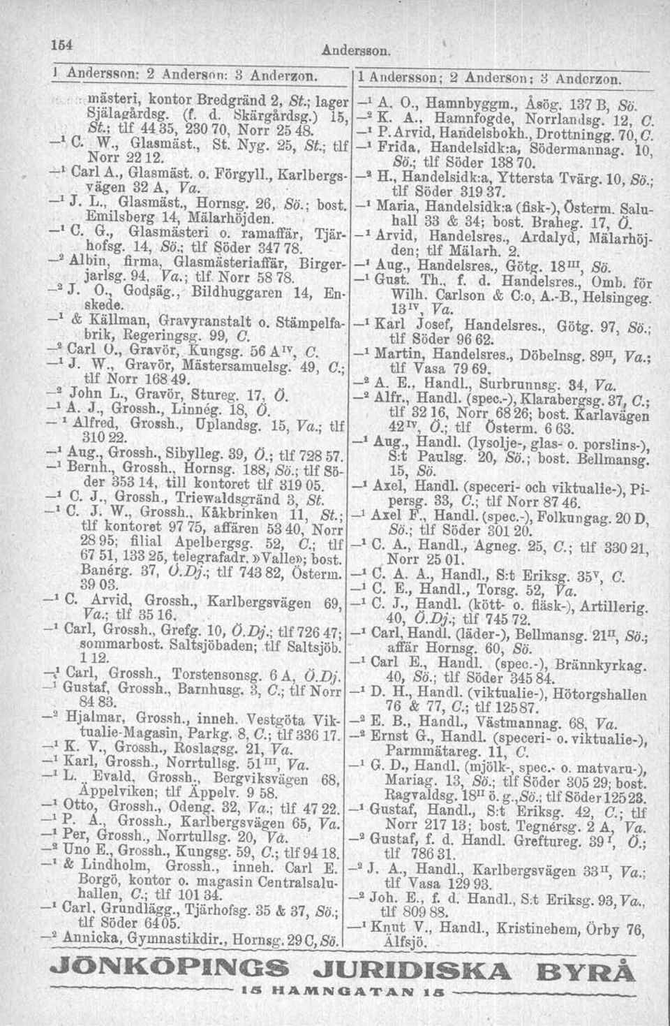 ; tlf _1 Frida, Handelsidk:a; Södermannag. 10, Norr 2212. Sö.; tlf Söder 13870. ~l Carl A., Glasmäst. o. Förgyll.,. vägen 32 A, Va. Karlbergs-. _2 H., Handelsidk:a, Yttersta tlf Söder 31937. Tvärg.