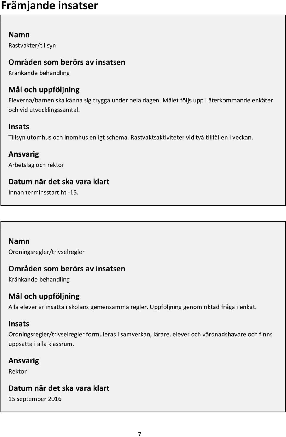 Ansvarig Arbetslag och rektor Datum när det ska vara klart Innan terminsstart ht -15.