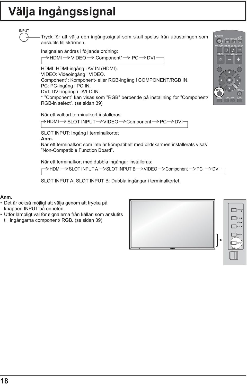 PC: PC-ingång i PC IN. DVI: DVI-ingång i DVI-D IN. * Component kan visas som RGB beroende på inställning för Component/ RGB-in select.