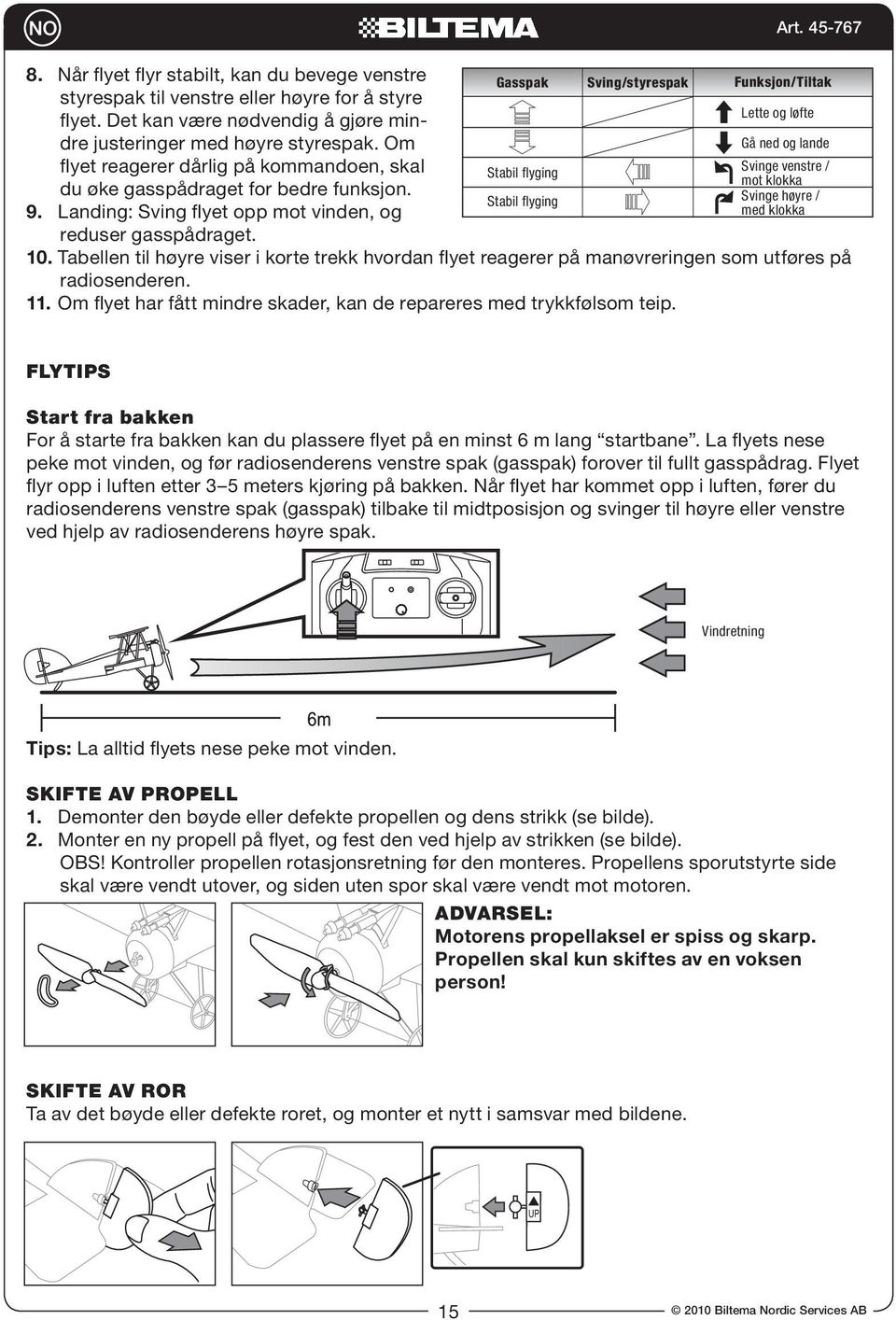 45-767 Gasspak Sving/styrespak Funksjon/Tiltak Stabil flyging Stabil flyging Lette og løfte Gå ned og lande Svinge venstre / mot klokka Svinge høyre / med klokka 10.