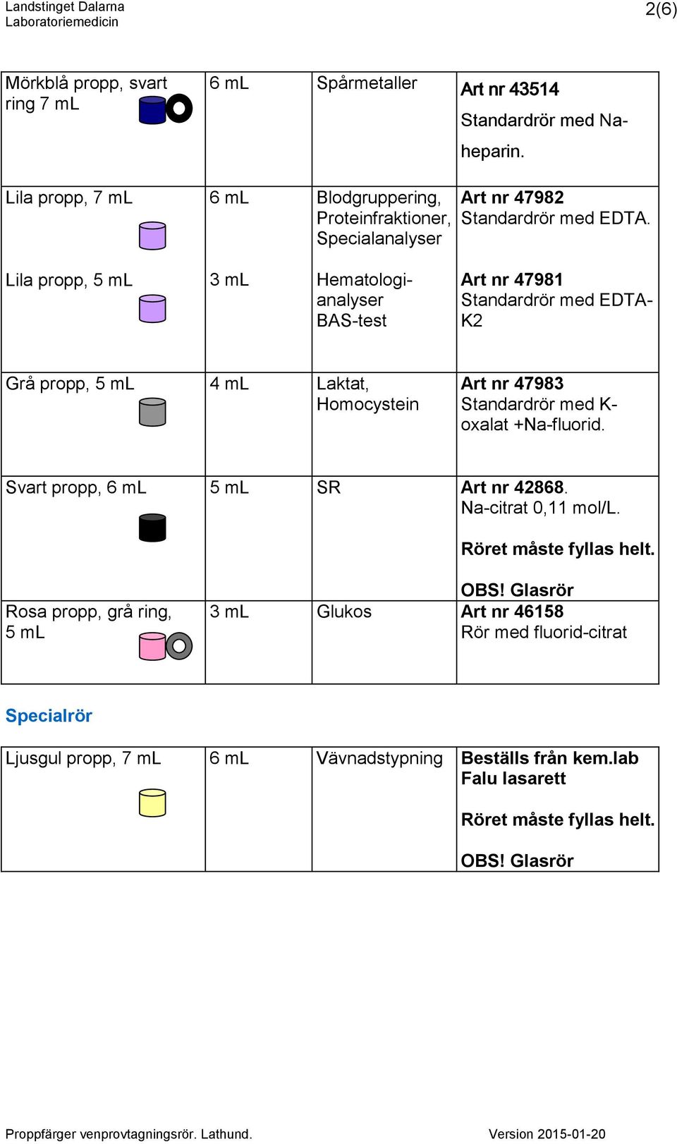 Lila propp, 3 ml Hematologianalyser BAS-test Art nr 47981 Standardrör med EDTA- K2 Grå propp, 4 ml Laktat, Homocystein Art nr 47983 Standardrör med K- oxalat